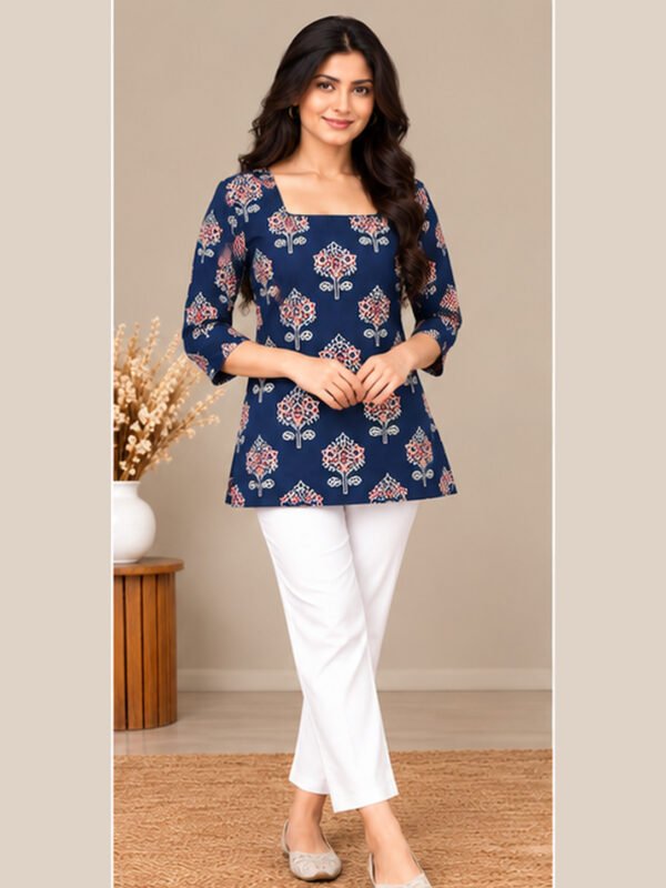 Komika Navy Blue Printed Square Neck Kurti